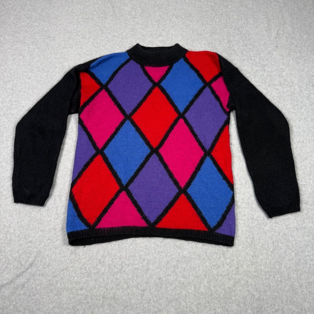 Vintage 90s Diversity Petite Silk Angora Lambswool Blend Argyle Sweater Small